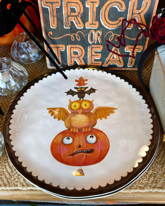 14.5" melamine platter featuring four festive friends: a colorful fall leaf, bat, owl, and pumpkin. Showcasing charming art by Mary Englebreit.