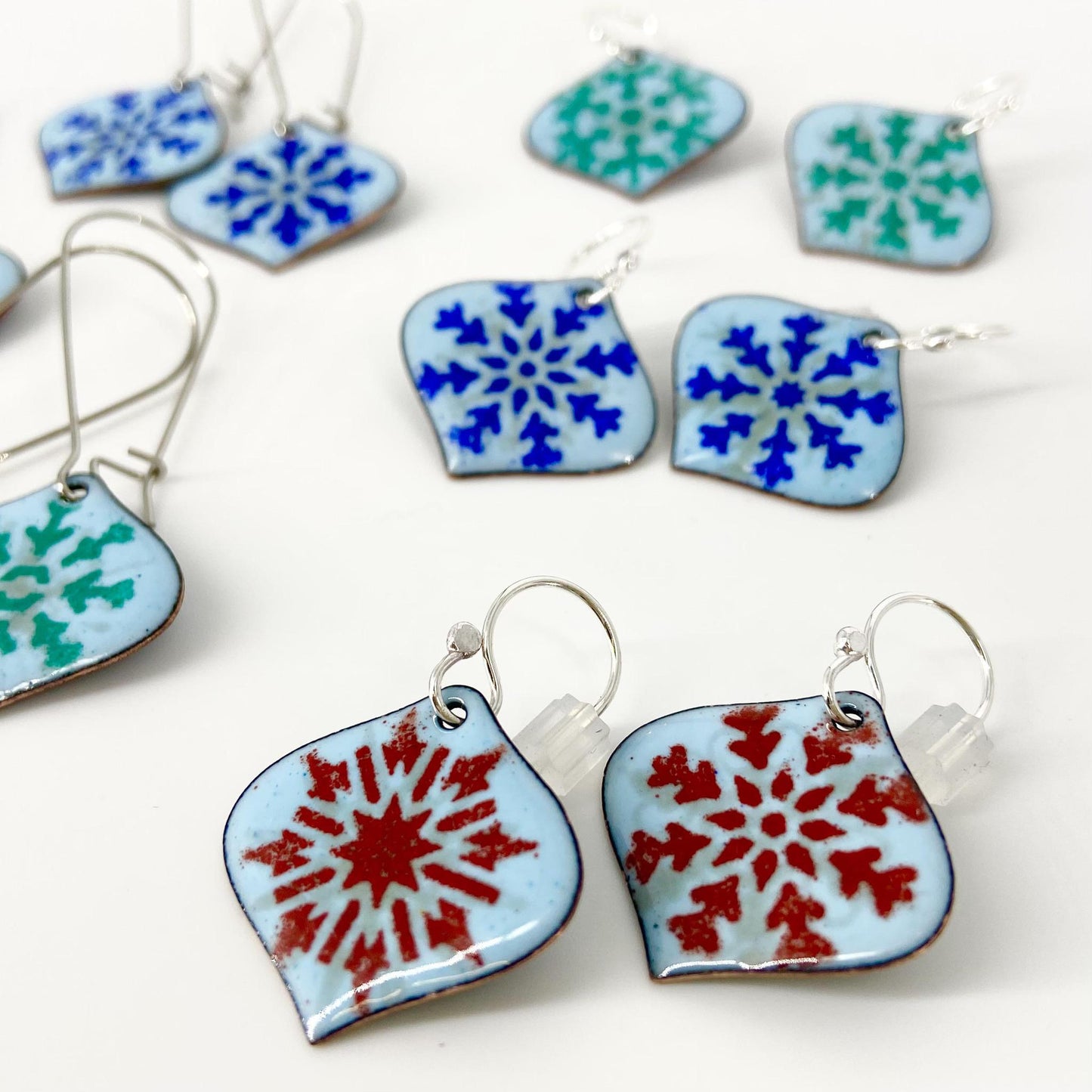 Earrings  - Snowflake Ornaments - Enamel on Copper