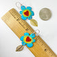 Earrings - Heart Flowers & Brass Leaves - Enamel on Copper