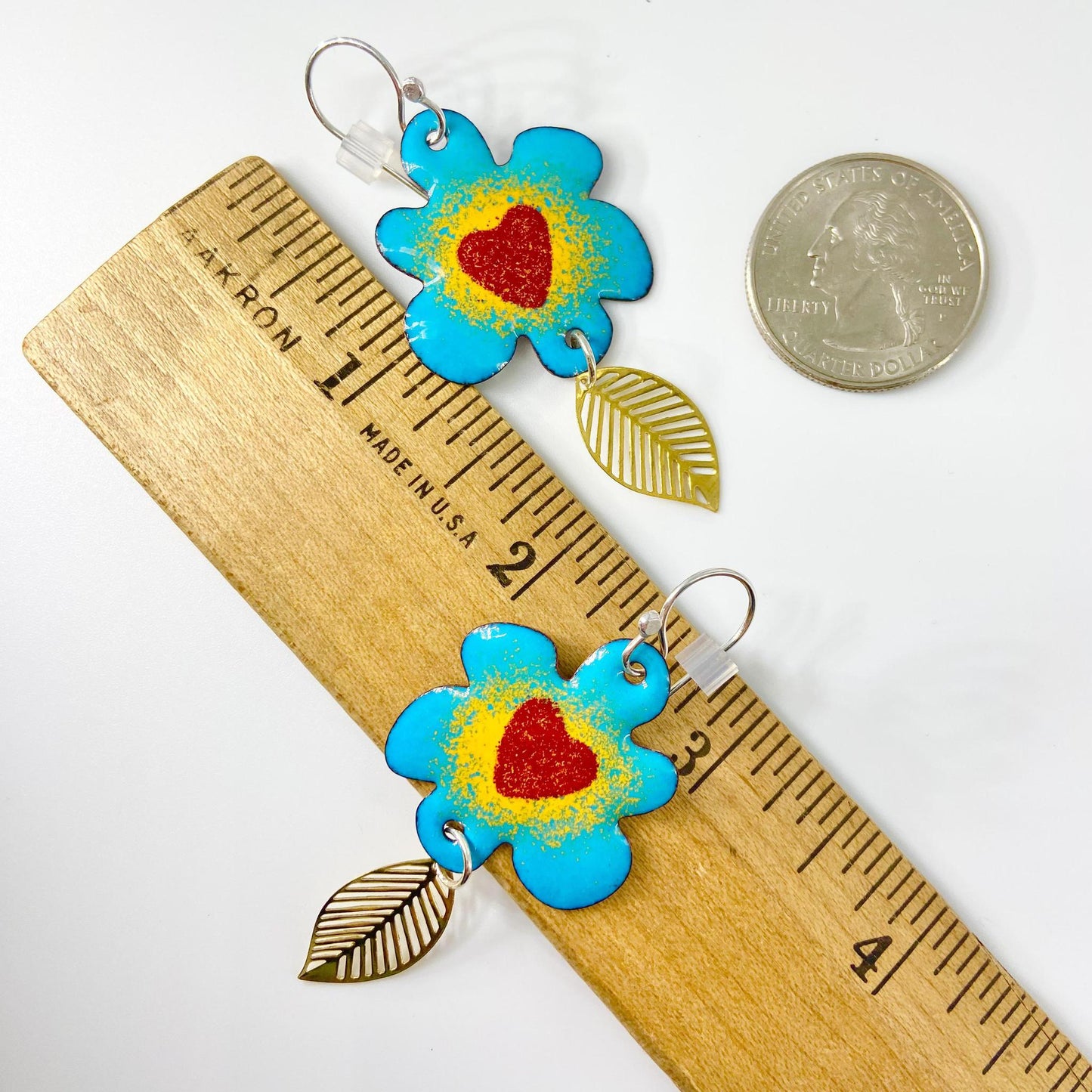 Earrings - Heart Flowers & Brass Leaves - Enamel on Copper