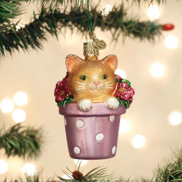 Ornament - Blown Glass - Kitten in Flower Pot