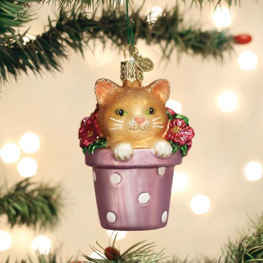 Ornament - Blown Glass - Kitten in Flower Pot