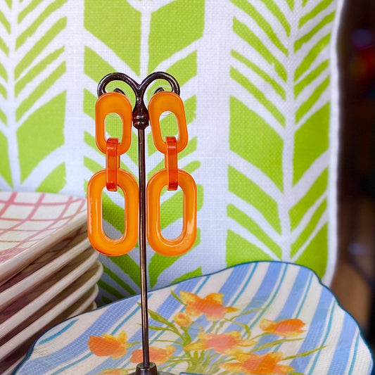 Earrings - Cable Chain Drop Post - Bright Orange - Resin