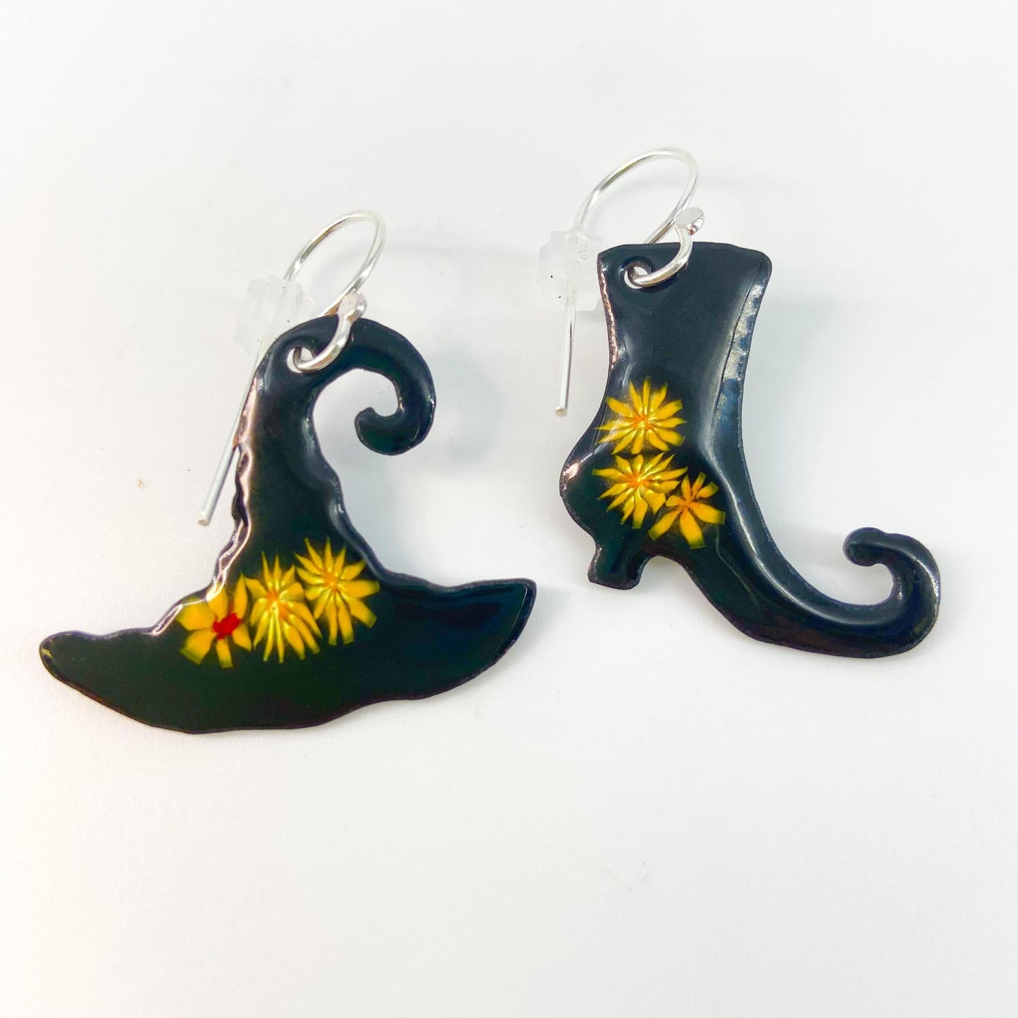 Earrings - Witch Boot & Witch Hat - enamel on copper