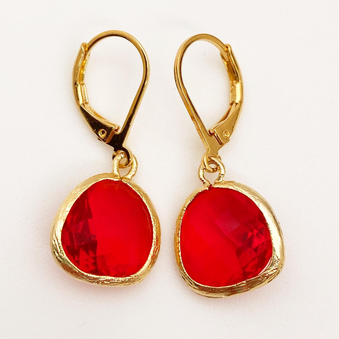 Earrings - Red Crystal Drops - 14k Gold on Sterling