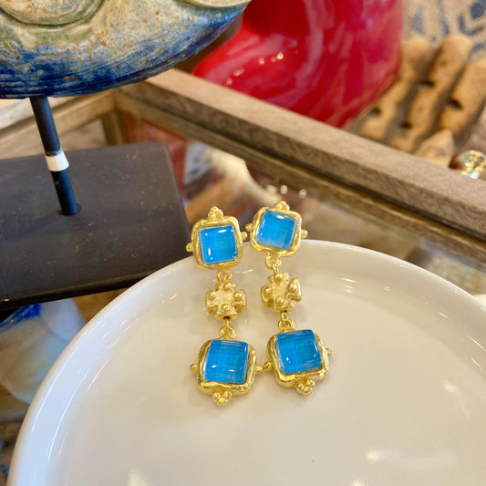 Earrings - French Glass - 14kt Gold Vermeil - Aqua