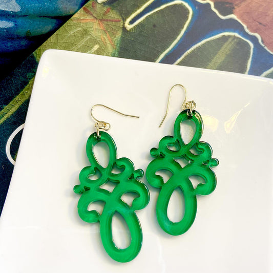 Earrings - Double Scroll Drop - Green - Resin