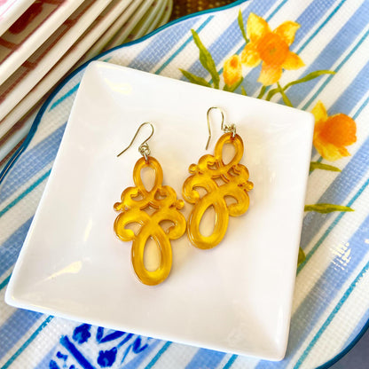 Earrings - Double Scroll Drop - Honey - Resin