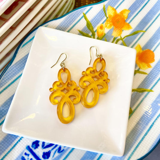 Earrings - Double Scroll Drop - Honey - Resin