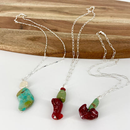 Necklace - Coral and Turquoise on Sterling Chain