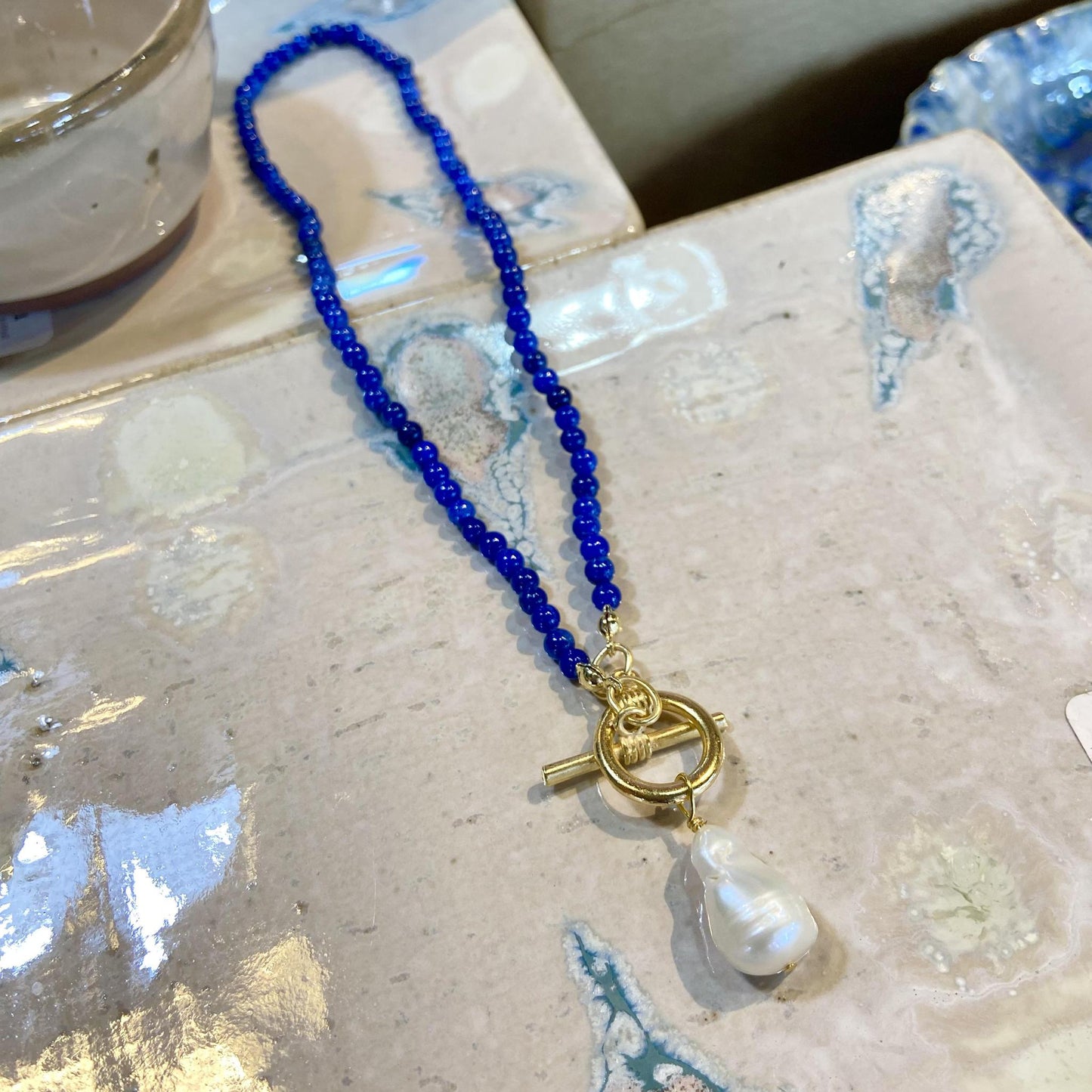 Necklace - Blue Lapis & Baroque Pearl - Gold Plated