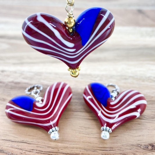 Pendant - American Flag Heart - Handmade Lampwork Glass