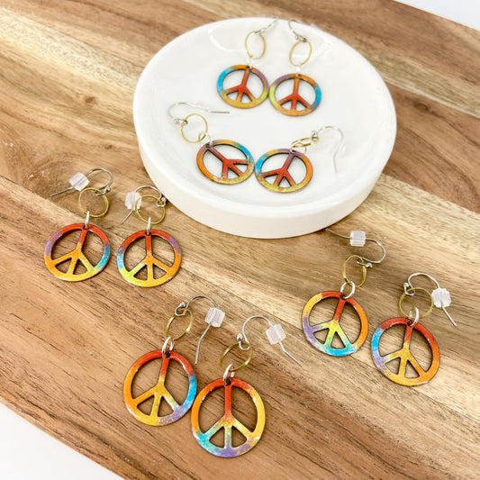 Earrings  - Rainbow Peace Symbols - Enamel on Copper - Small