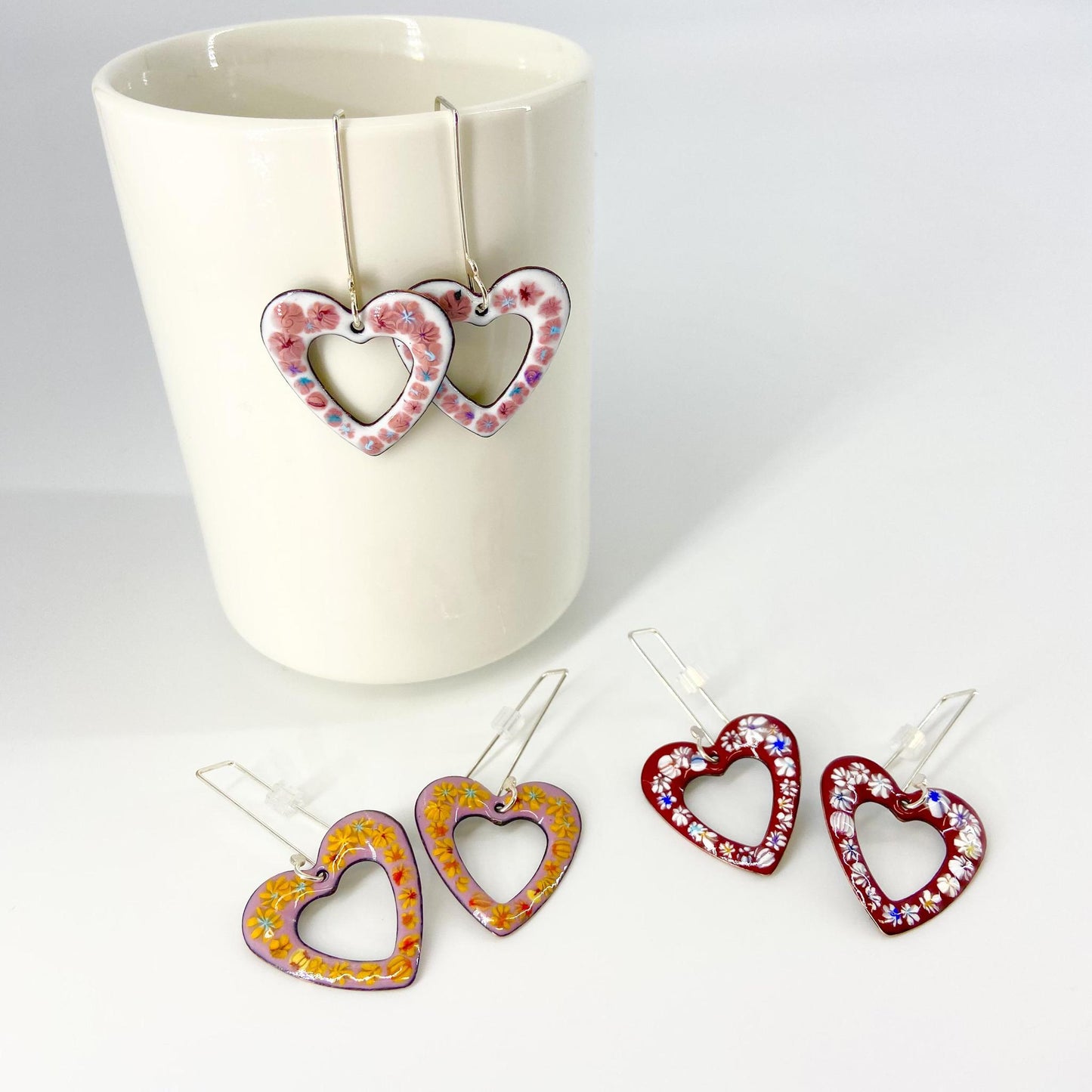 Earrings - Floral Open Heart - Enamel on Copper