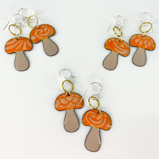Earrings - Orange Mushrooms - Enamel on Copper