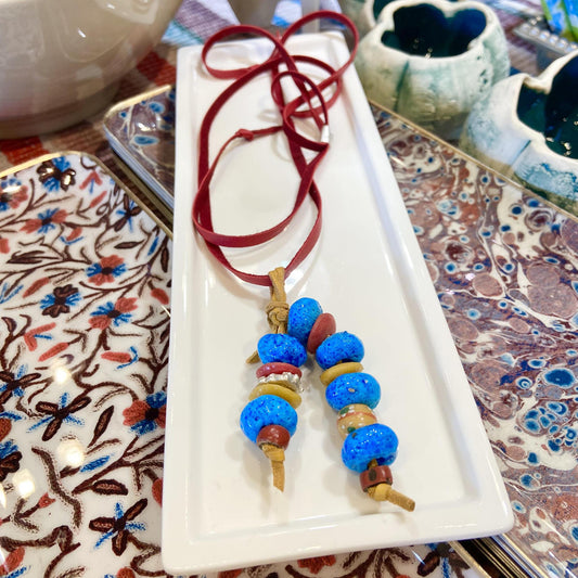 Necklace - Sterling/Leather/African Trade Beads/Donkey Beads