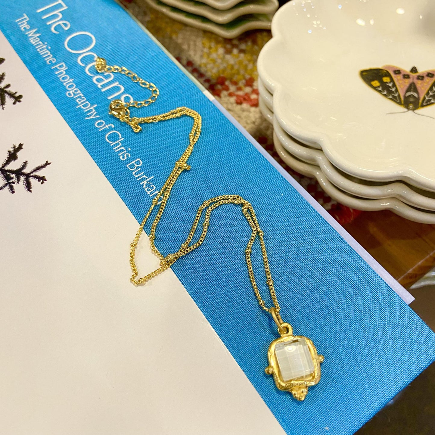Necklace - French Glass - 14kt Gold Cast Vermeil - White