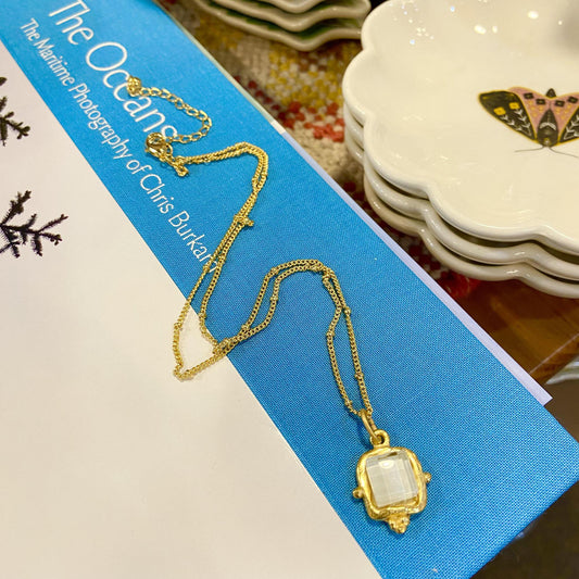 Necklace - French Glass - 14kt Gold Cast Vermeil - White