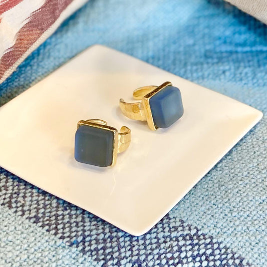 Ring - Reclaimed Bottle Glass - 14kt Gold on Pewter - Periwinkle Cube