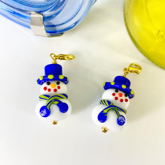 Pendant - Snowperson with Blue Hat - Handmade Glass