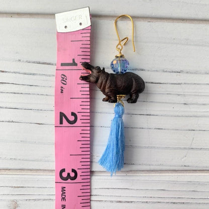 Earrings - Mini Hippo & Blue Tassel