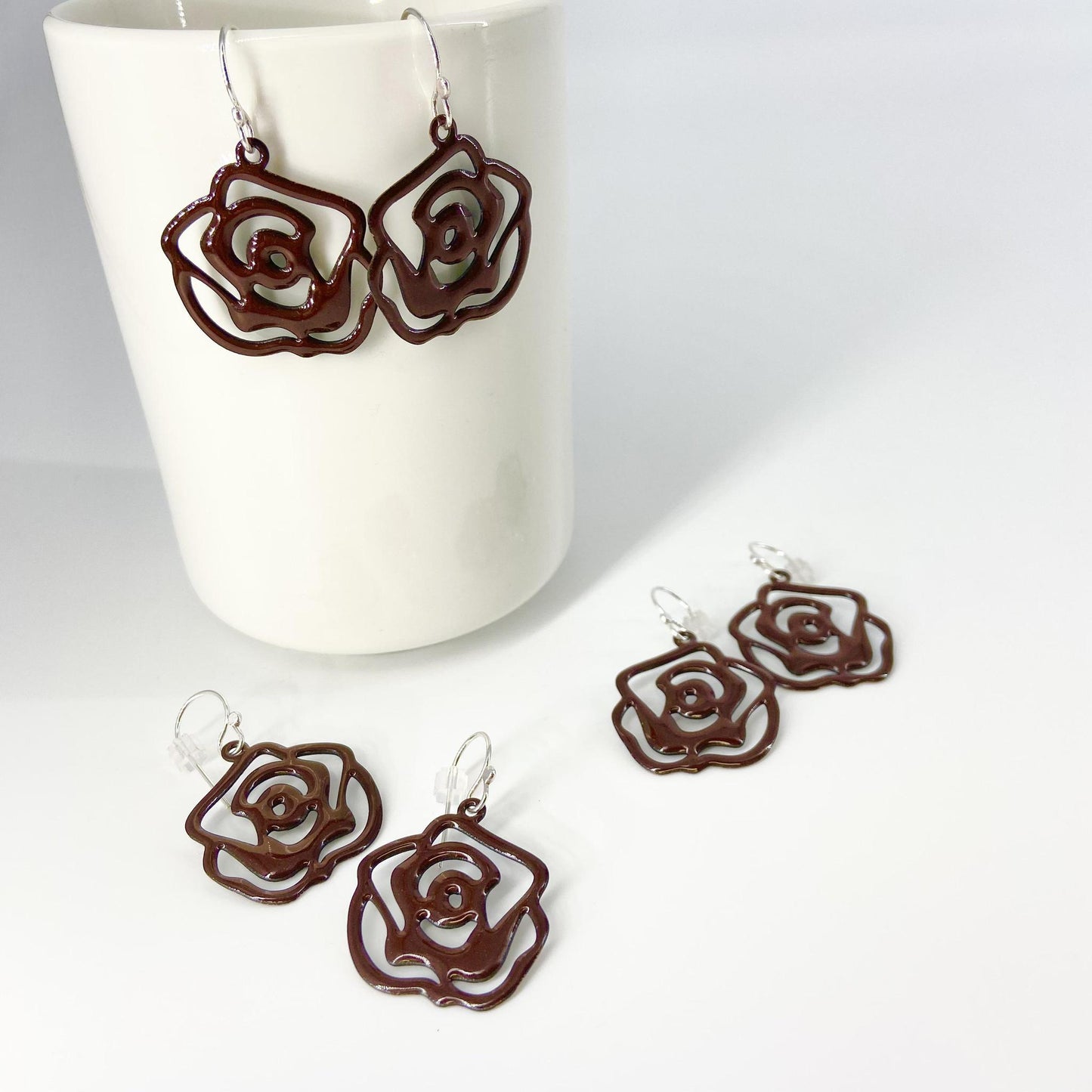 Earrings - Chocolate Roses - Enamel on Copper