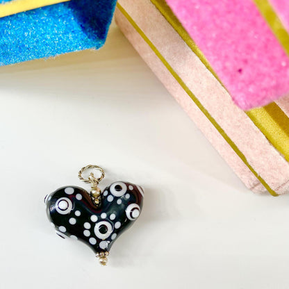 Pendant -  Black & White Bumpy Heart - Glass & Sterling Silver