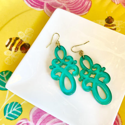 Earrings - Double Scroll Drop - Teal - Resin