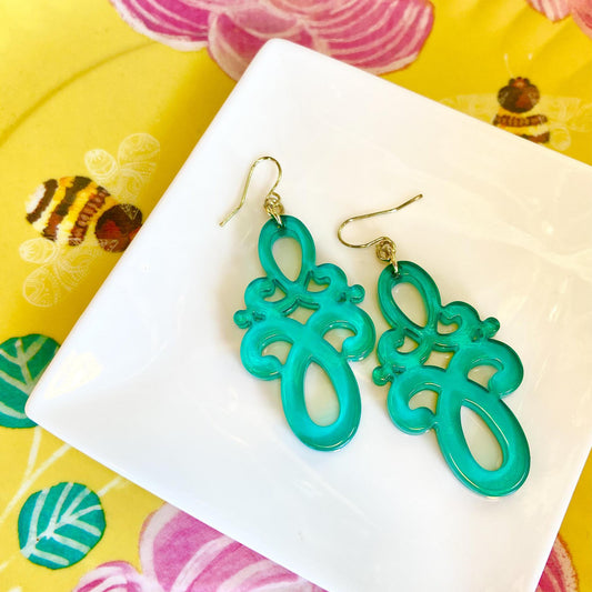 Earrings - Double Scroll Drop - Teal - Resin