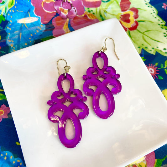 Earrings - Double Scroll Drop - Purple - Resin