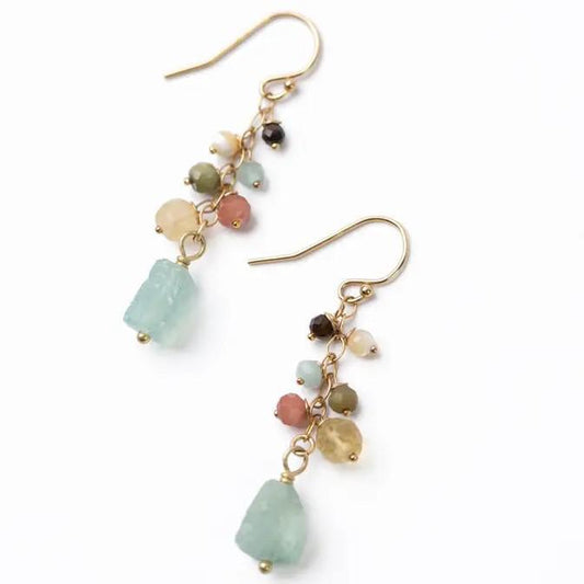 Earrings - Cat's Eye/Mother of Pearl/Aquamarine - 14kt Gold on Silver