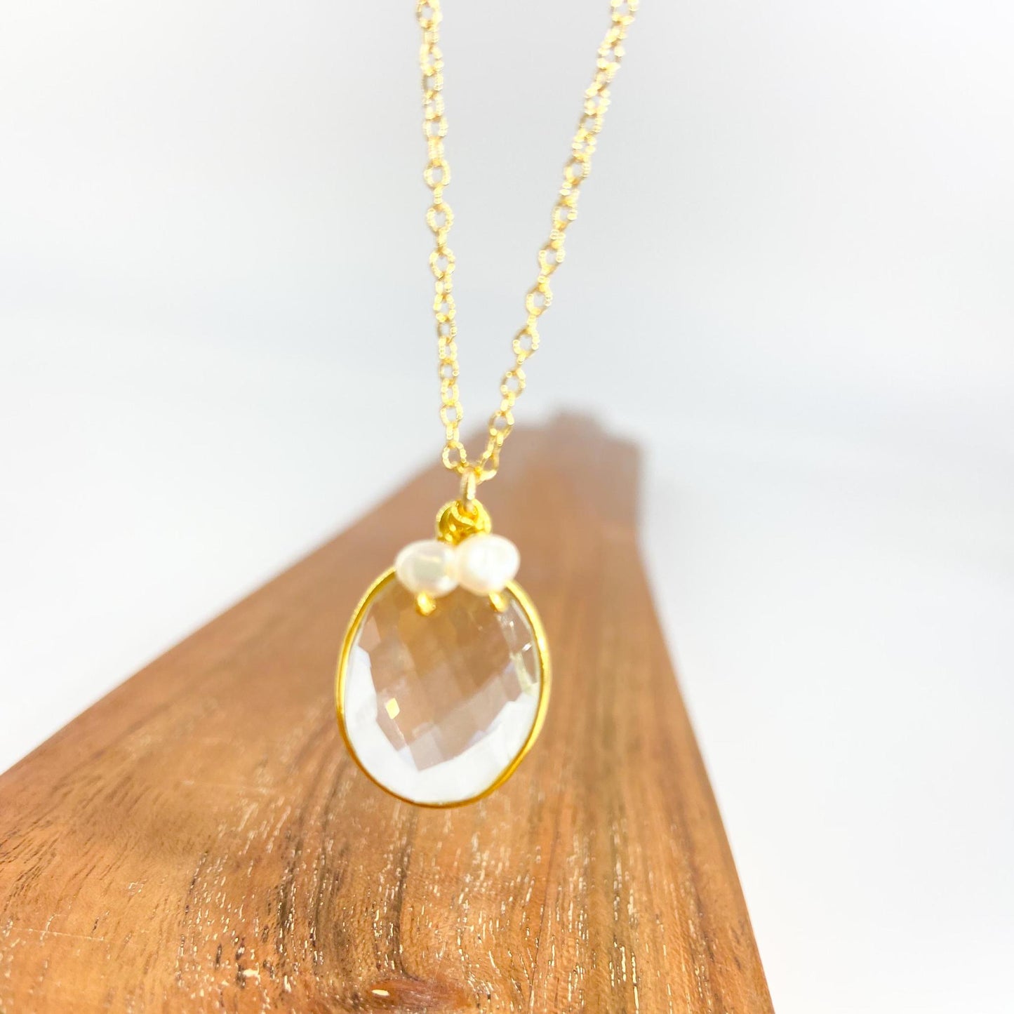 Necklace - Bezel Set Crystal & Pearls - 18K Gold Vermeil