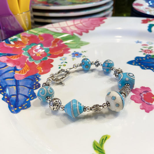 Bracelet - Turquoise & White  - Glass Beads & Sterling