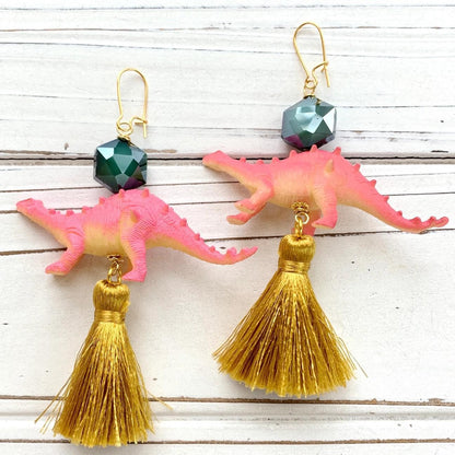 Earrings - Pink Dinosaur & Gold Tassel