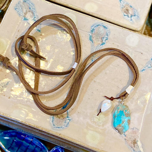 Necklace - Turquoise Slice with Sterling and Pearl on Leather
