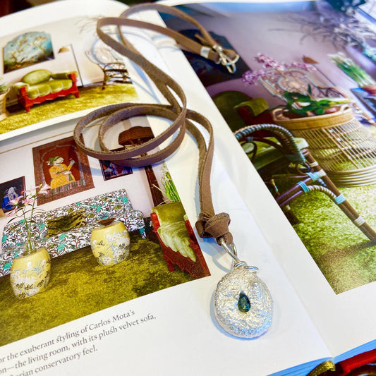 Necklace - Raw Sapphire Set in Molten Sterling Dollops on Leather