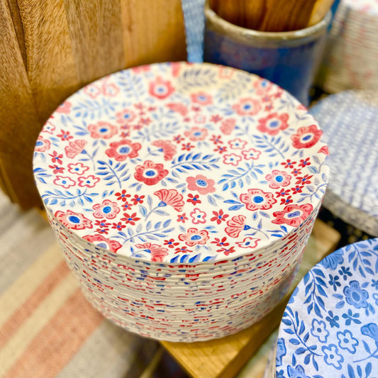 Plate - 9" "Paper Plate" Red With Blue Center Flowers - Melamine
