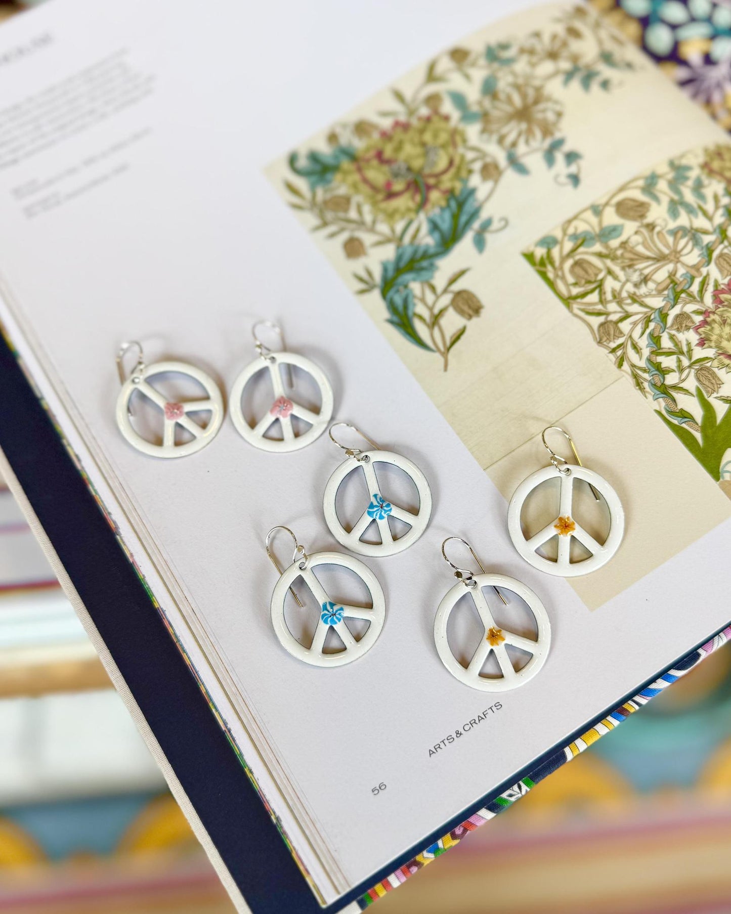 Earrings - White Peace Symbol with Flower - Enamel on Copper