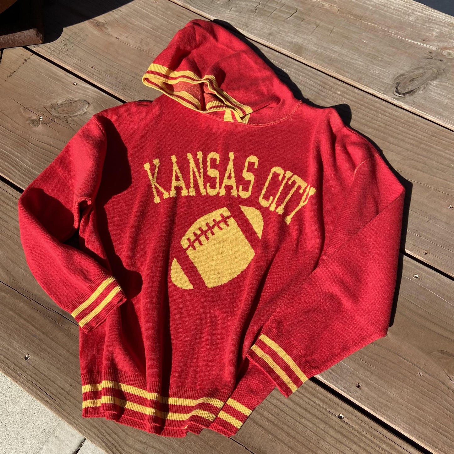 Oversized Hooded Sweater - KANSAS CITY & Football - Unisex - Yellow on Red