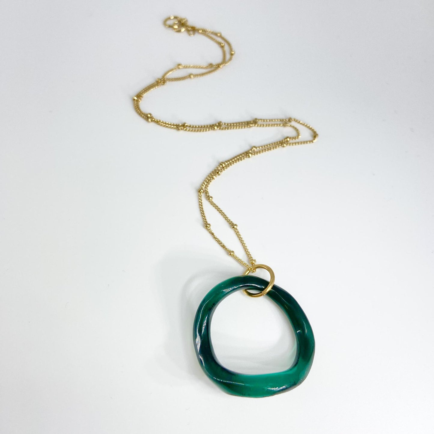Necklace - Ruffled Glass Circle - 14kt Goldfill - Teal