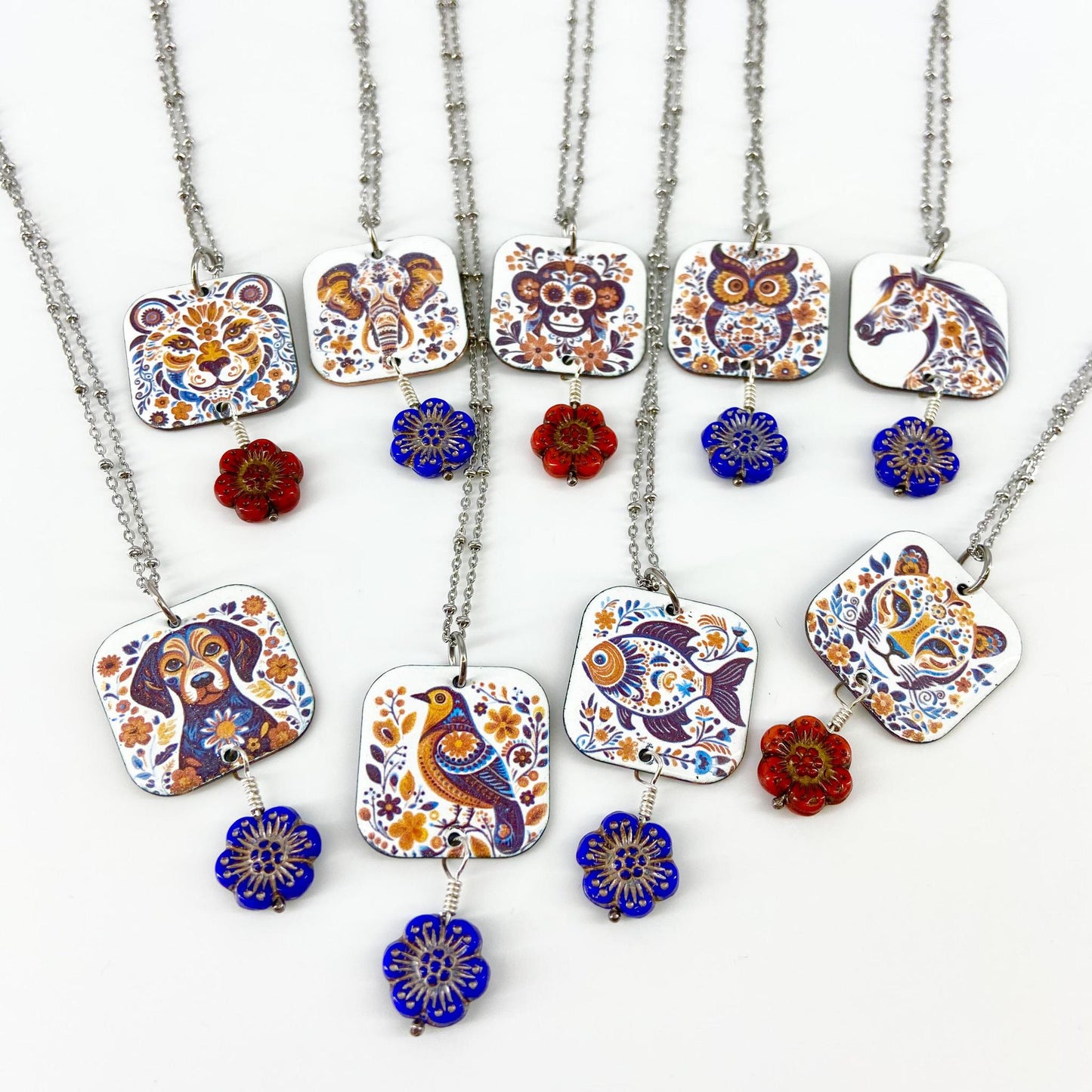 Necklace - Animals with Czech Droplette  - Enamel on Copper