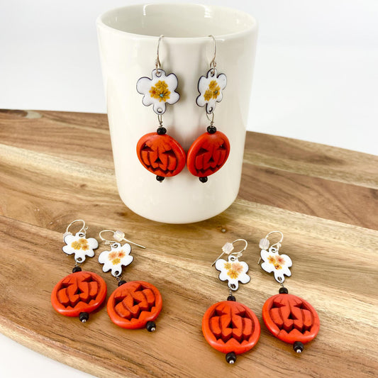 Earrings  - Autumn Flowers & Carved Pumpkin - Enamel on Copper