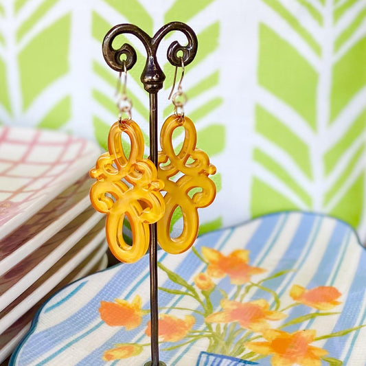 Earrings - Double Scroll Drop - Honey - Resin