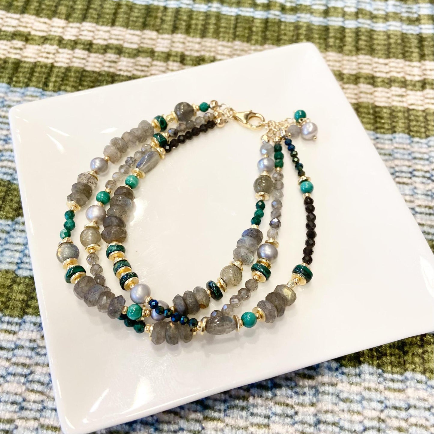 Bracelet - Malachite/Labradorite/Pearl - Gold on Brass