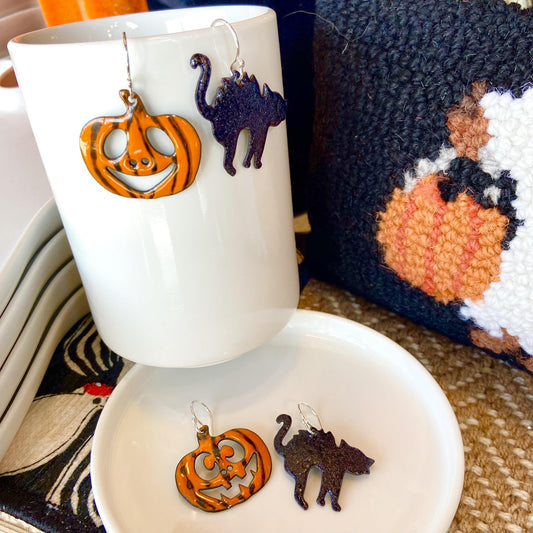 Earrings  - Glitter Cat & Pumpkin - Enamel on Copper