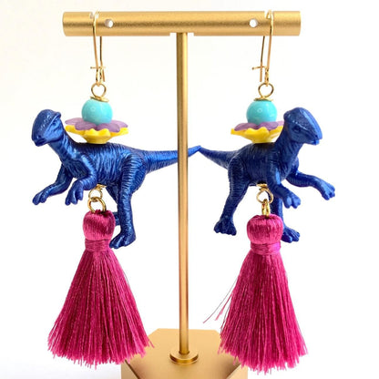 Earrings - Cobalt Dinosaur & Pink Tassel