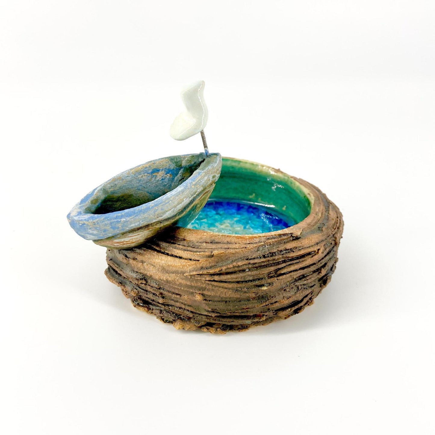 Sculpture - Small Pond, Bird On Boat- Ceramic