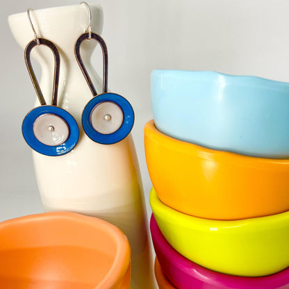 Earrings  - "Spinner" - Enamel on Copper - Blue/Grey