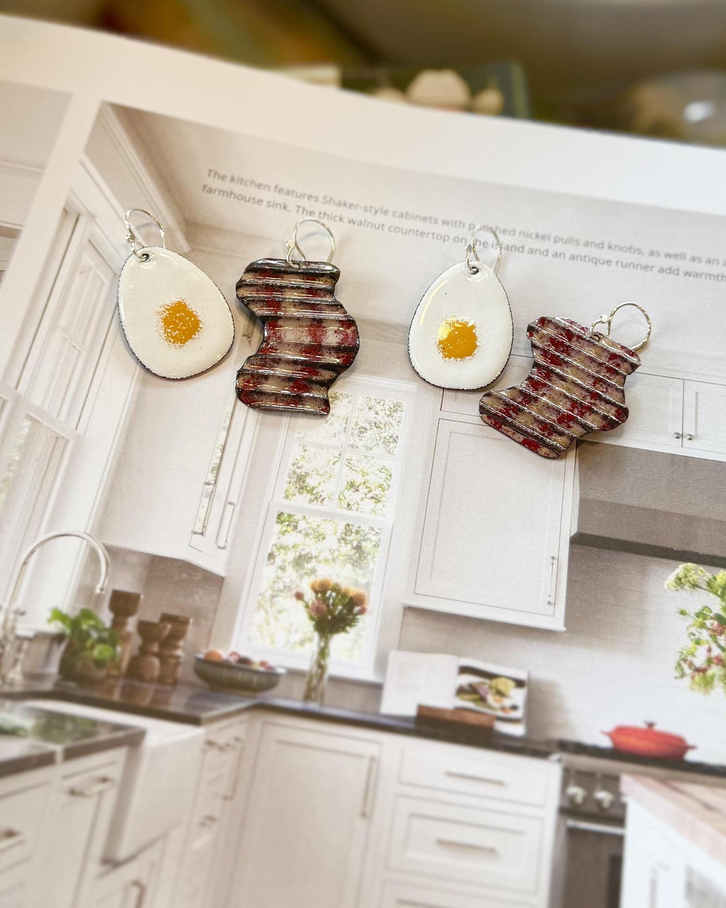 Earrings - Bacon Strips & Egg - Enamel on Copper