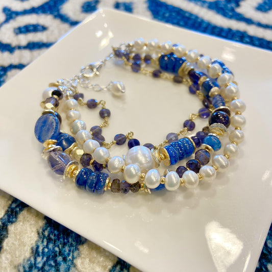 Bracelet - Pearl/Kyanite/Iolite - Silver & Gold on Brass